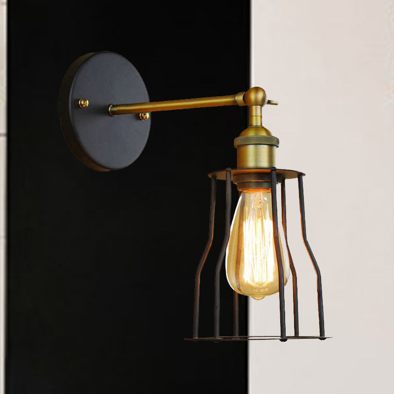 1 Head Cylinder/Teardrop Caged Wall Mount Lighting Industrial Black Metal Mini Wall Light Fixture for Bedroom Clearhalo 'Art deco wall lights' 'Cast Iron' 'Glass' 'Industrial wall lights' 'Industrial' 'Middle century wall lights' 'Modern' 'Rustic wall lights' 'Tiffany' 'Traditional wall lights' 'Wall Lamps & Sconces' 'Wall Lights' Lighting' 679786