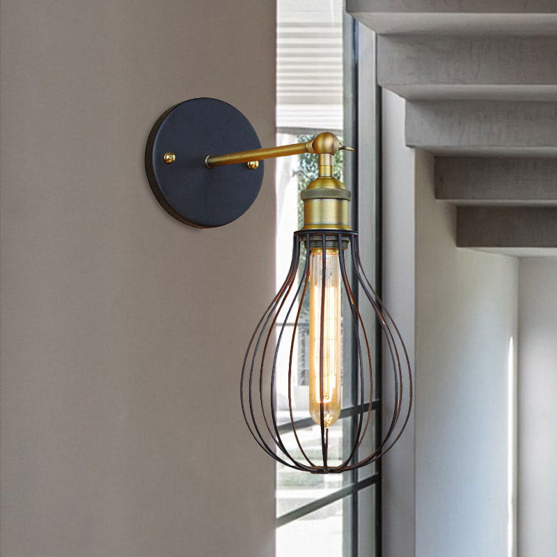 1 Head Cylinder/Teardrop Caged Wall Mount Lighting Industrial Black Metal Mini Wall Light Fixture for Bedroom Clearhalo 'Art deco wall lights' 'Cast Iron' 'Glass' 'Industrial wall lights' 'Industrial' 'Middle century wall lights' 'Modern' 'Rustic wall lights' 'Tiffany' 'Traditional wall lights' 'Wall Lamps & Sconces' 'Wall Lights' Lighting' 679790