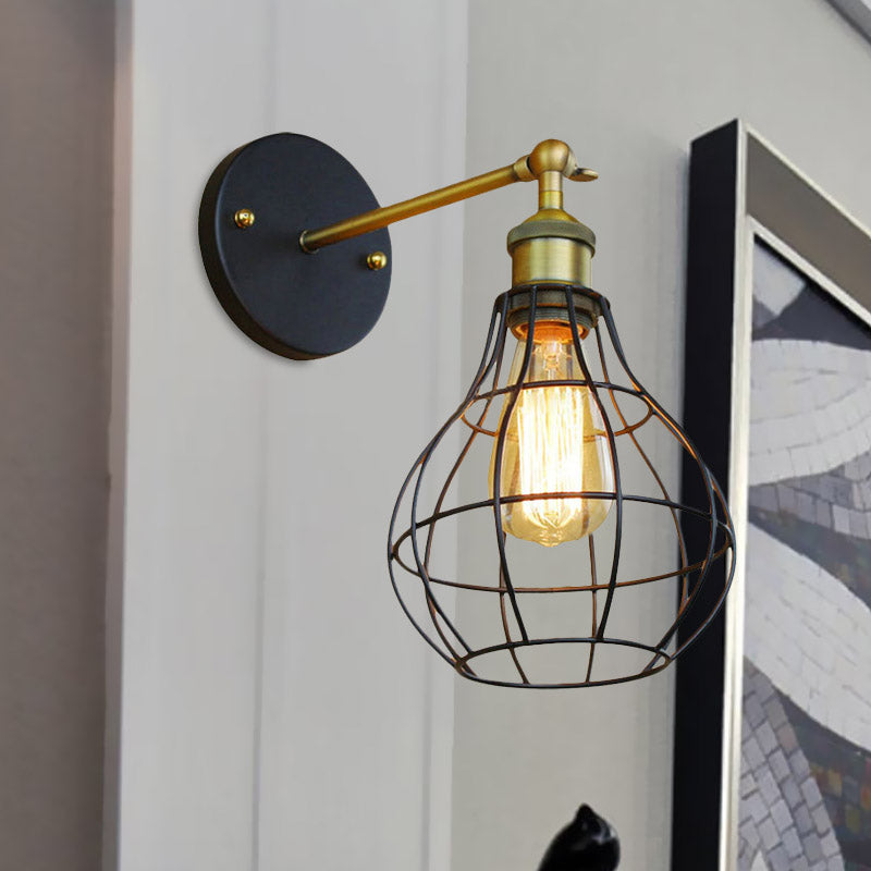 1 Head Cylinder/Teardrop Caged Wall Mount Lighting Industrial Black Metal Mini Wall Light Fixture for Bedroom Clearhalo 'Art deco wall lights' 'Cast Iron' 'Glass' 'Industrial wall lights' 'Industrial' 'Middle century wall lights' 'Modern' 'Rustic wall lights' 'Tiffany' 'Traditional wall lights' 'Wall Lamps & Sconces' 'Wall Lights' Lighting' 679793