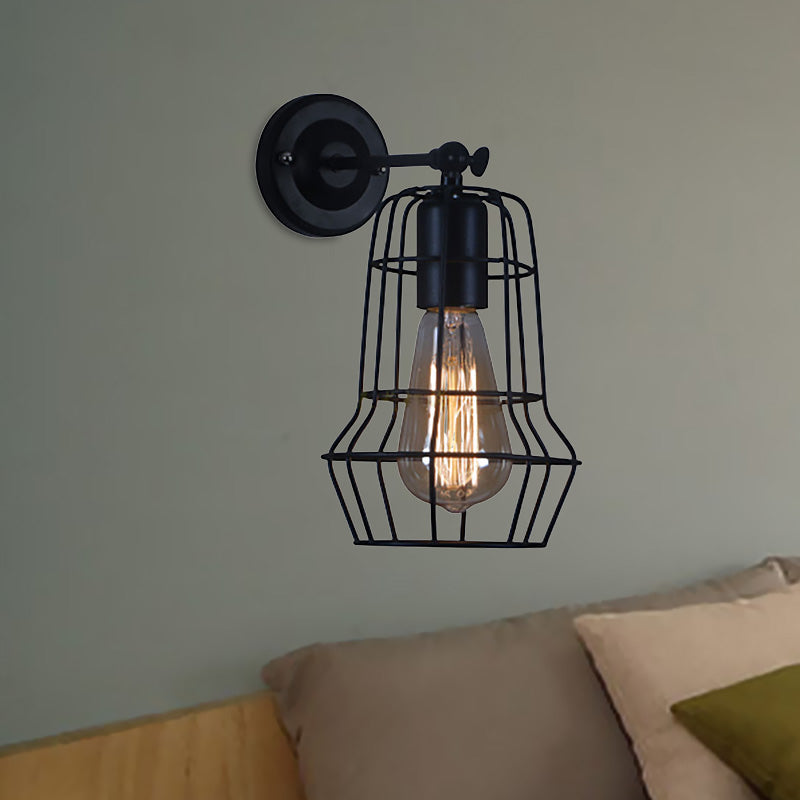 Black Barrel/Flared Cage Wall Sconce Industrial Style Metal 1 Head Living Room Rotatable Wall Mount Light Clearhalo 'Art deco wall lights' 'Cast Iron' 'Glass' 'Industrial wall lights' 'Industrial' 'Middle century wall lights' 'Modern' 'Rustic wall lights' 'Tiffany' 'Traditional wall lights' 'Wall Lamps & Sconces' 'Wall Lights' Lighting' 679800