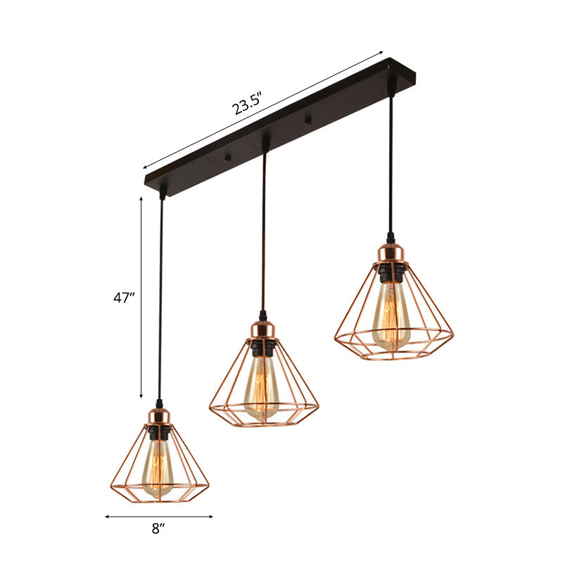3 Lights Metal Pendant Lamp Loft Style Polished Copper Diamond Caged Indoor Hanging Fixture in Black Finish Clearhalo 'Ceiling Lights' 'Modern Pendants' 'Modern' 'Pendant Lights' 'Pendants' Lighting' 70114