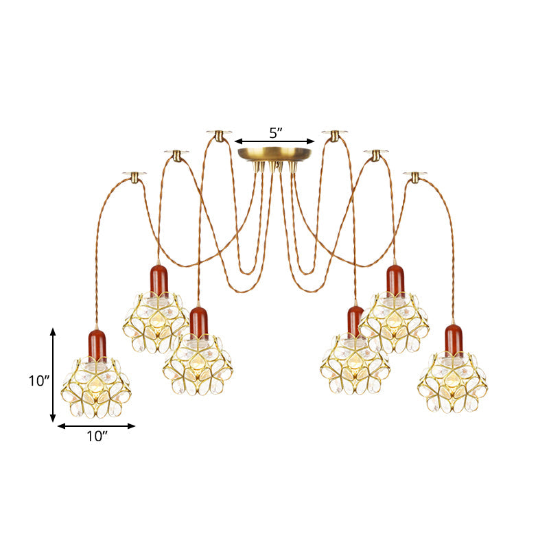 2/3/4-Head Clear Water Glass Pendant Light Traditional Gold Flower Bedroom Swag Multiple Hanging Lamp Clearhalo 'Ceiling Lights' 'Glass shade' 'Glass' 'Pendant Lights' 'Pendants' Lighting' 701970