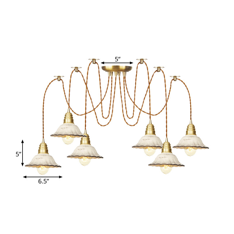 2/4/6 Bulbs Scalloped Multi Light Pendant Traditional Gold Ceramics Swag Hanging Lamp Kit Clearhalo 'Ceiling Lights' 'Pendant Lights' 'Pendants' Lighting' 701990