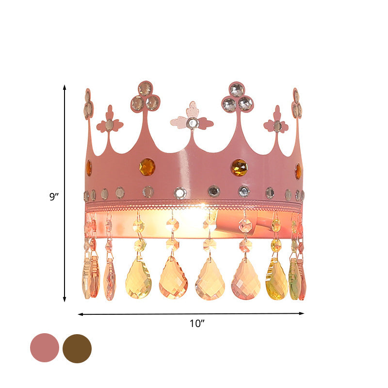 Crown Sconce Light Fixture Cartoon Iron LED Pink/Gold Wall Mount Light with Crystal Drop Deco Clearhalo 'Wall Lamps & Sconces' 'Wall Lights' Lighting' 702123