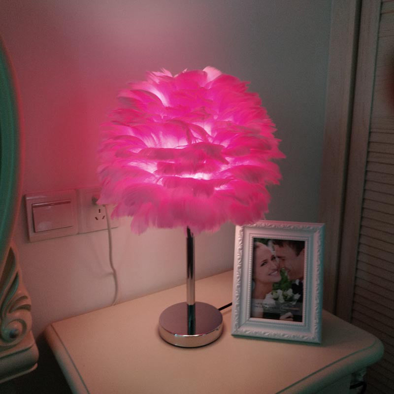 Globe Bedside Nightstand Light Fabric 1-Head Contemporary Feather Night Table Lamp in White/Grey/Pink Clearhalo 'Lamps' 'Table Lamps' Lighting' 702948