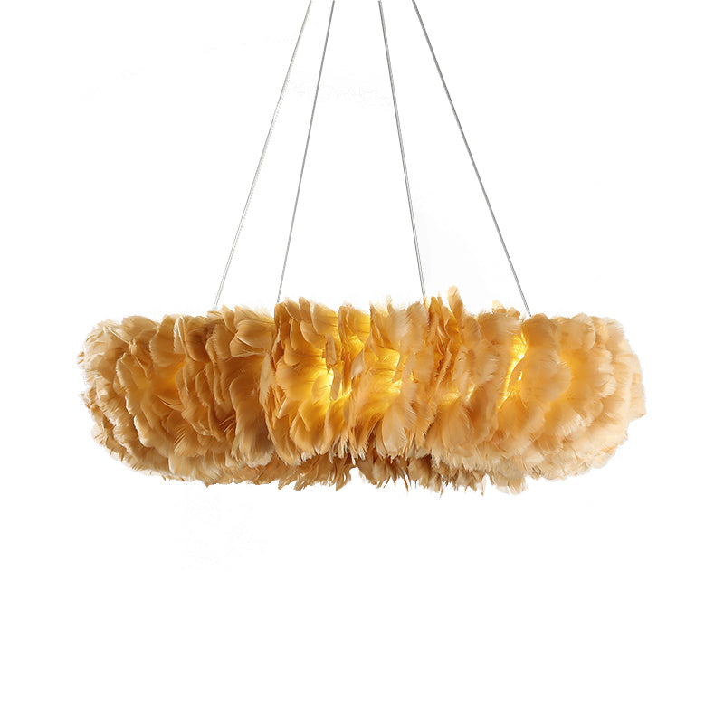 Loop Bedroom Ceiling Chandelier Fabric 3/6-Light Modernism Feather Suspended Pendant Lamp in White/Grey/Pink Clearhalo 'Ceiling Lights' 'Chandeliers' 'Modern Chandeliers' 'Modern' Lighting' 717593