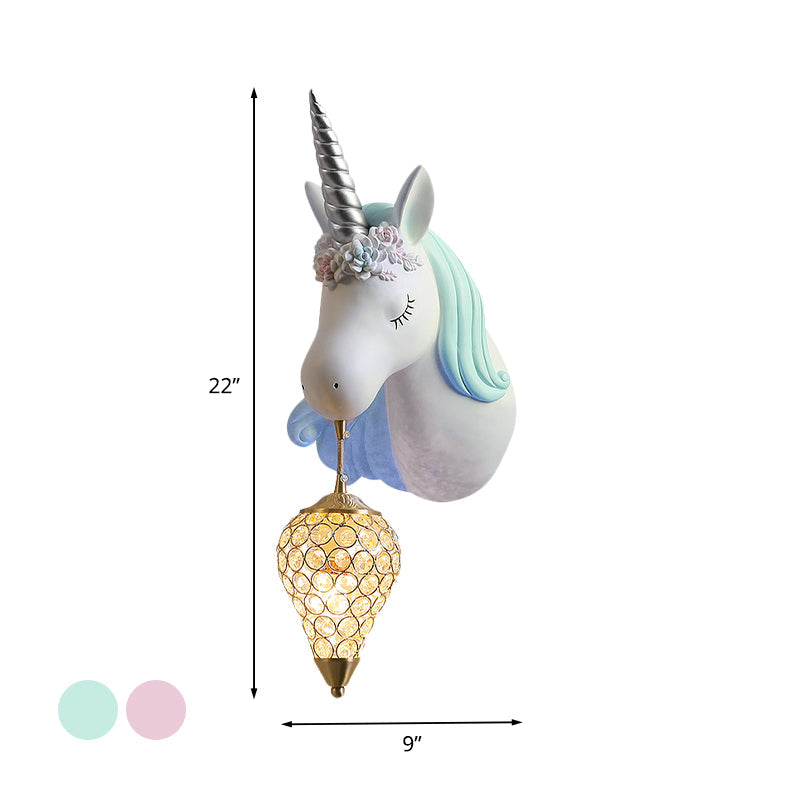 Blue/Pink Teardrop Wall Light Sconce Cartoon 1 Head Crystal Wall Mount Lamp with Unicorn Backplate, Right/Left Clearhalo 'Wall Lamps & Sconces' 'Wall Lights' Lighting' 717612