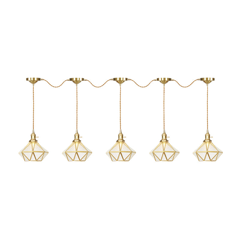Traditional Diamond Multi Light Pendant 3/5/7-Light Clear Water Glass Suspension Lamp in Gold with Series Connection Design Clearhalo 'Ceiling Lights' 'Glass shade' 'Glass' 'Pendant Lights' 'Pendants' Lighting' 727851