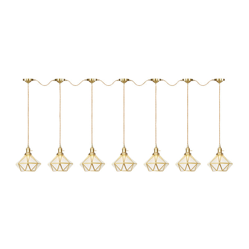 Traditional Diamond Multi Light Pendant 3/5/7-Light Clear Water Glass Suspension Lamp in Gold with Series Connection Design Clearhalo 'Ceiling Lights' 'Glass shade' 'Glass' 'Pendant Lights' 'Pendants' Lighting' 727856