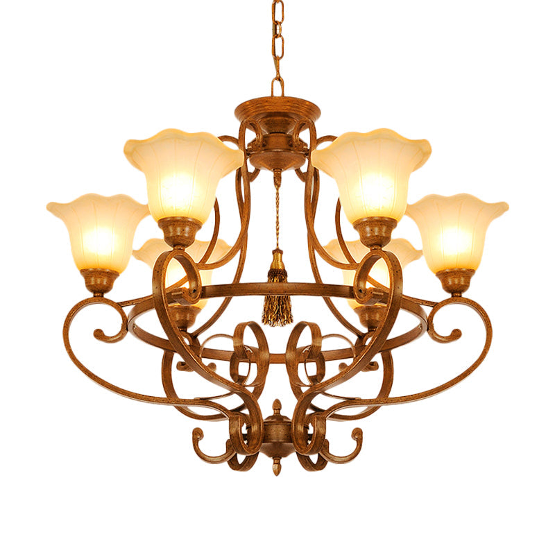 Brown 6 Lights Hanging Chandelier Traditional Frosted Glass Flared Pendant Lighting Fixture with Curvy Arm Clearhalo 'Ceiling Lights' 'Chandeliers' Lighting' options 727930