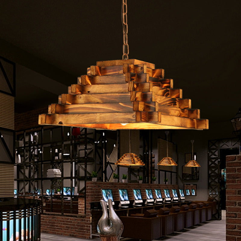 1 Head Hanging Light Kit Rural Etched Rectangle/Trapezoid Wood Ceiling Pendant in Brown for Restaurant Brown B Clearhalo 'Ceiling Lights' 'Pendant Lights' 'Pendants' Lighting' 728009_4a546b81-ed14-484b-b886-55aada1ec0f6