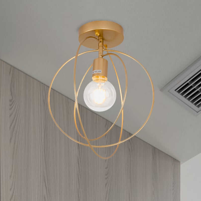 Metallic Rings Semi Flush Light Retro Stylish 1 Head Corridor Semi Flush Mount Lighting with Open Bulb in Black/Gold Gold Clearhalo 'Ceiling Lights' 'Close To Ceiling Lights' 'Close to ceiling' 'Flush mount' 'Industrial Flush Mount' Lighting' 728255