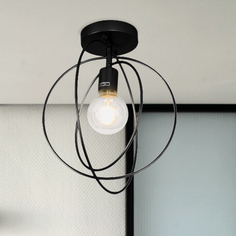 Metallic Rings Semi Flush Light Retro Stylish 1 Head Corridor Semi Flush Mount Lighting with Open Bulb in Black/Gold Black Clearhalo 'Ceiling Lights' 'Close To Ceiling Lights' 'Close to ceiling' 'Flush mount' 'Industrial Flush Mount' Lighting' 728260