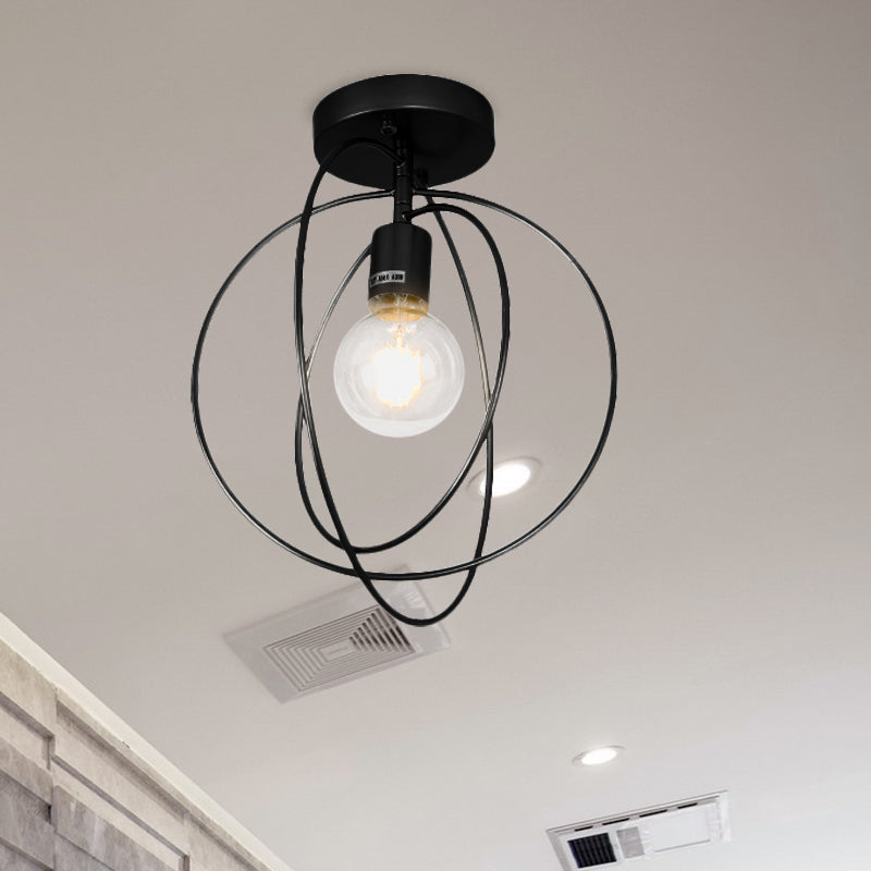 Metallic Rings Semi Flush Light Retro Stylish 1 Head Corridor Semi Flush Mount Lighting with Open Bulb in Black/Gold Clearhalo 'Ceiling Lights' 'Close To Ceiling Lights' 'Close to ceiling' 'Flush mount' 'Industrial Flush Mount' Lighting' 728261