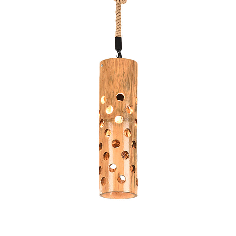 1 Light Rope Pendant Lamp Loft Flute Bamboo Hanging Ceiling Light in Brown with Hollow-out Design Clearhalo 'Ceiling Lights' 'Industrial Pendants' 'Industrial' 'Middle Century Pendants' 'Pendant Lights' 'Pendants' 'Tiffany' Lighting' 728334