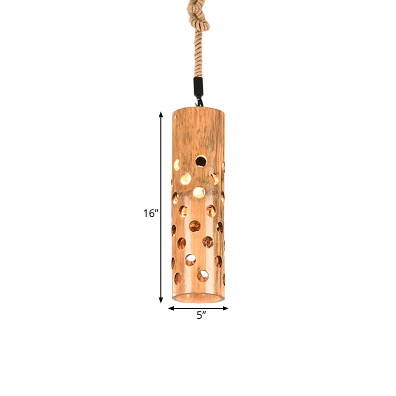1 Light Rope Pendant Lamp Loft Flute Bamboo Hanging Ceiling Light in Brown with Hollow-out Design Clearhalo 'Ceiling Lights' 'Industrial Pendants' 'Industrial' 'Middle Century Pendants' 'Pendant Lights' 'Pendants' 'Tiffany' Lighting' 728336