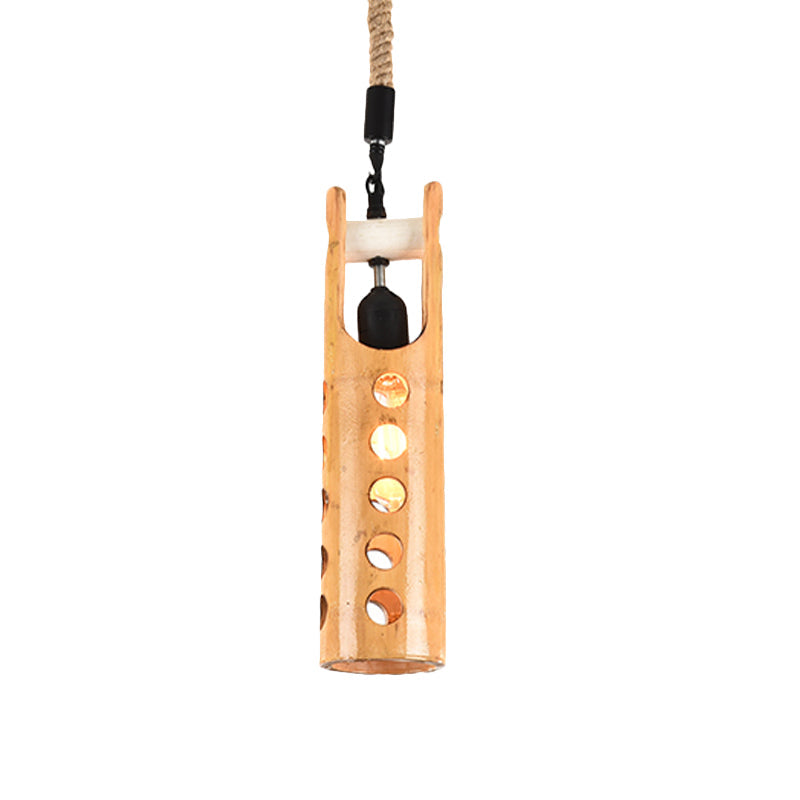 1 Light Rope Pendant Lamp Loft Flute Bamboo Hanging Ceiling Light in Brown with Hollow-out Design Clearhalo 'Ceiling Lights' 'Industrial Pendants' 'Industrial' 'Middle Century Pendants' 'Pendant Lights' 'Pendants' 'Tiffany' Lighting' 728339