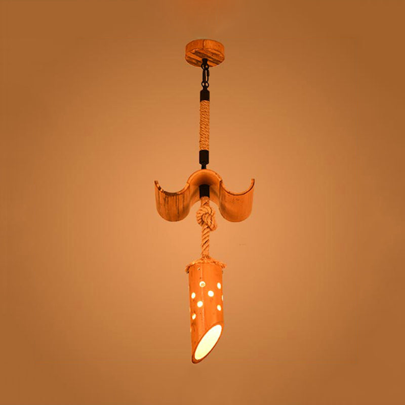 1 Light Rope Pendant Lamp Loft Flute Bamboo Hanging Ceiling Light in Brown with Hollow-out Design Clearhalo 'Ceiling Lights' 'Industrial Pendants' 'Industrial' 'Middle Century Pendants' 'Pendant Lights' 'Pendants' 'Tiffany' Lighting' 728345