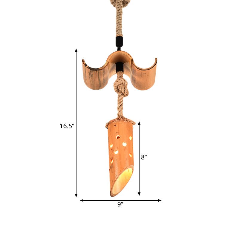 1 Light Rope Pendant Lamp Loft Flute Bamboo Hanging Ceiling Light in Brown with Hollow-out Design Clearhalo 'Ceiling Lights' 'Industrial Pendants' 'Industrial' 'Middle Century Pendants' 'Pendant Lights' 'Pendants' 'Tiffany' Lighting' 728346