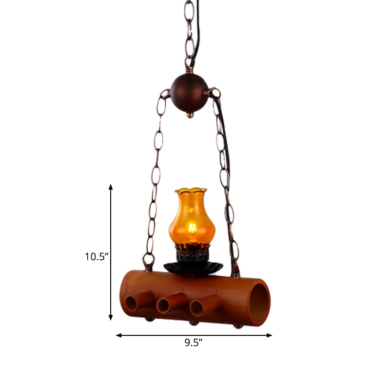 Vase Dining Room Pendant Ceiling Light Farm Yellow Glass 1 Light Brown Hanging Lighting with Linear Bamboo Beam Clearhalo 'Ceiling Lights' 'Glass shade' 'Glass' 'Industrial Pendants' 'Industrial' 'Middle Century Pendants' 'Pendant Lights' 'Pendants' 'Tiffany' Lighting' 728396
