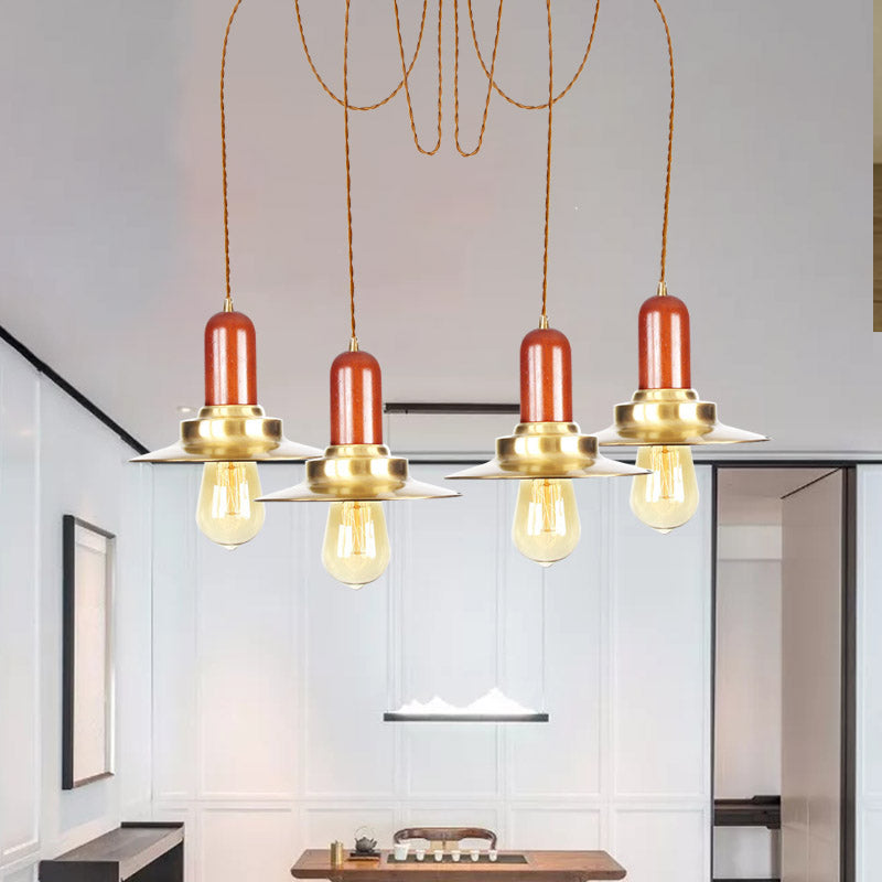 Flat Metal Multiple Hanging Pendant Lights Industrial 2/3/4-Bulb Clothing Store Swag Ceiling Lamp in Gold Clearhalo 'Art Deco Pendants' 'Cast Iron' 'Ceiling Lights' 'Ceramic' 'Crystal' 'Industrial Pendants' 'Industrial' 'Metal' 'Middle Century Pendants' 'Pendant Lights' 'Pendants' 'Tiffany' Lighting' 728575