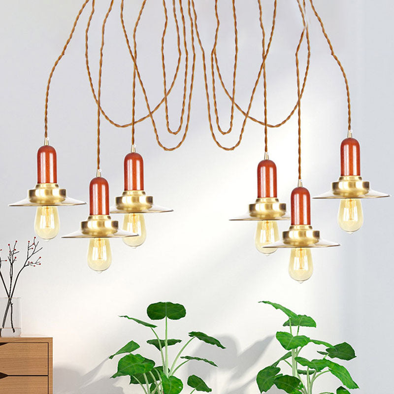 Flat Metal Multiple Hanging Pendant Lights Industrial 2/3/4-Bulb Clothing Store Swag Ceiling Lamp in Gold 6 Gold Clearhalo 'Art Deco Pendants' 'Cast Iron' 'Ceiling Lights' 'Ceramic' 'Crystal' 'Industrial Pendants' 'Industrial' 'Metal' 'Middle Century Pendants' 'Pendant Lights' 'Pendants' 'Tiffany' Lighting' 728578