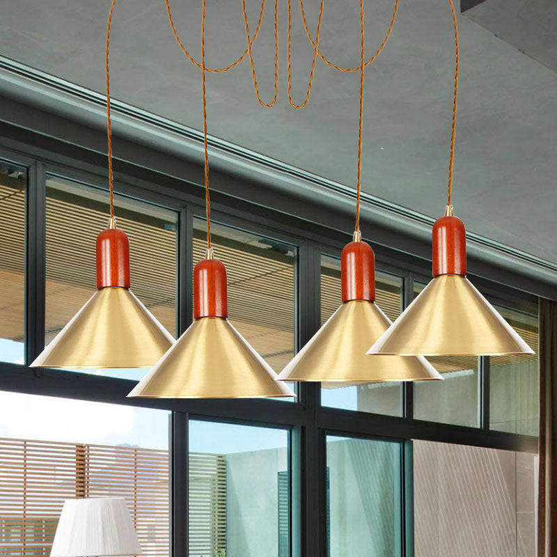 2/4/3 Heads Cone Multi Pendant Chandelier Industrial-Style Gold Finish Metal Swag Hanging Light Kit 4 Gold Clearhalo 'Art Deco Pendants' 'Cast Iron' 'Ceiling Lights' 'Ceramic' 'Crystal' 'Industrial Pendants' 'Industrial' 'Metal' 'Middle Century Pendants' 'Pendant Lights' 'Pendants' 'Tiffany' Lighting' 728619