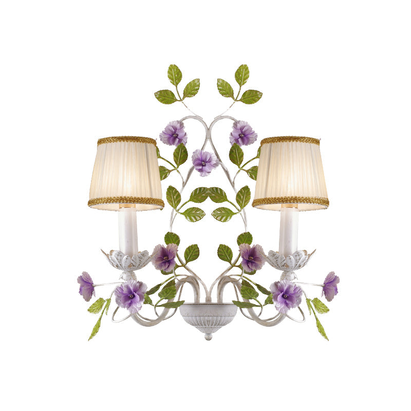 Pleated Shade Bedroom Wall Lamp Countryside Fabric 1/2-Bulb White Wall Sconce with Purple Flower Clearhalo 'Wall Lamps & Sconces' 'Wall Lights' Lighting' 729141