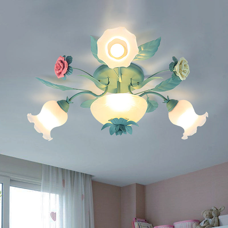 Starburst Milk Glass Semi-Flush Mount Korean Flower 5/7/11 Lights Living Room Flush Light Fixture 5 Blue Clearhalo 'Ceiling Lights' 'Close To Ceiling Lights' 'Close to ceiling' 'Semi-flushmount' Lighting' 729209