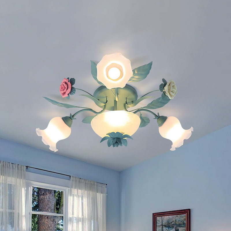 Starburst Milk Glass Semi-Flush Mount Korean Flower 5/7/11 Lights Living Room Flush Light Fixture Clearhalo 'Ceiling Lights' 'Close To Ceiling Lights' 'Close to ceiling' 'Semi-flushmount' Lighting' 729210