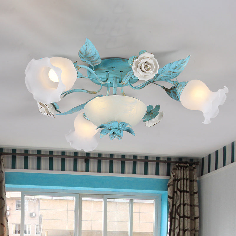 Starburst Milk Glass Semi-Flush Mount Korean Flower 5/7/11 Lights Living Room Flush Light Fixture Clearhalo 'Ceiling Lights' 'Close To Ceiling Lights' 'Close to ceiling' 'Semi-flushmount' Lighting' 729211