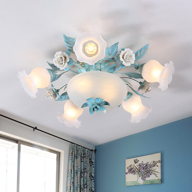 Starburst Milk Glass Semi-Flush Mount Korean Flower 5/7/11 Lights Living Room Flush Light Fixture 7 Blue Clearhalo 'Ceiling Lights' 'Close To Ceiling Lights' 'Close to ceiling' 'Semi-flushmount' Lighting' 729214
