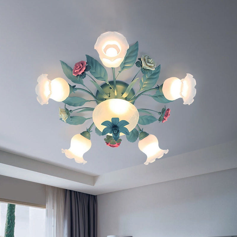 Starburst Milk Glass Semi-Flush Mount Korean Flower 5/7/11 Lights Living Room Flush Light Fixture Clearhalo 'Ceiling Lights' 'Close To Ceiling Lights' 'Close to ceiling' 'Semi-flushmount' Lighting' 729215