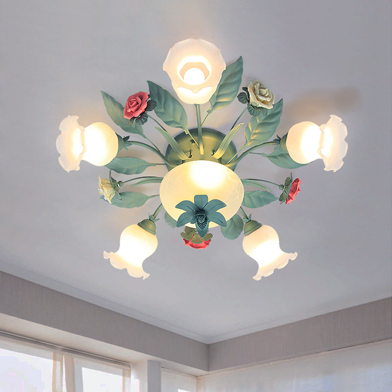 Starburst Milk Glass Semi-Flush Mount Korean Flower 5/7/11 Lights Living Room Flush Light Fixture Clearhalo 'Ceiling Lights' 'Close To Ceiling Lights' 'Close to ceiling' 'Semi-flushmount' Lighting' 729216