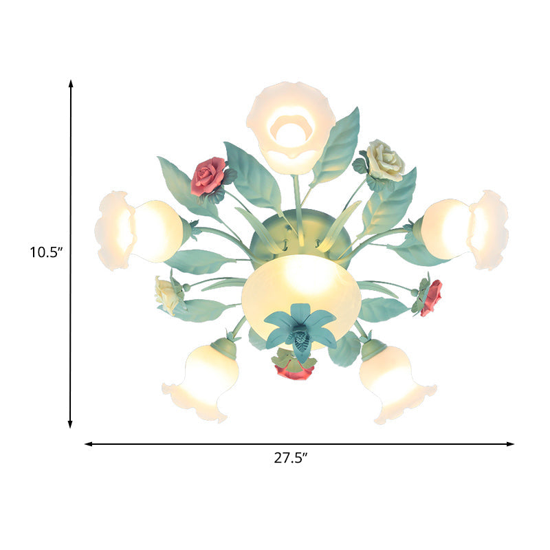 Starburst Milk Glass Semi-Flush Mount Korean Flower 5/7/11 Lights Living Room Flush Light Fixture Clearhalo 'Ceiling Lights' 'Close To Ceiling Lights' 'Close to ceiling' 'Semi-flushmount' Lighting' 729218