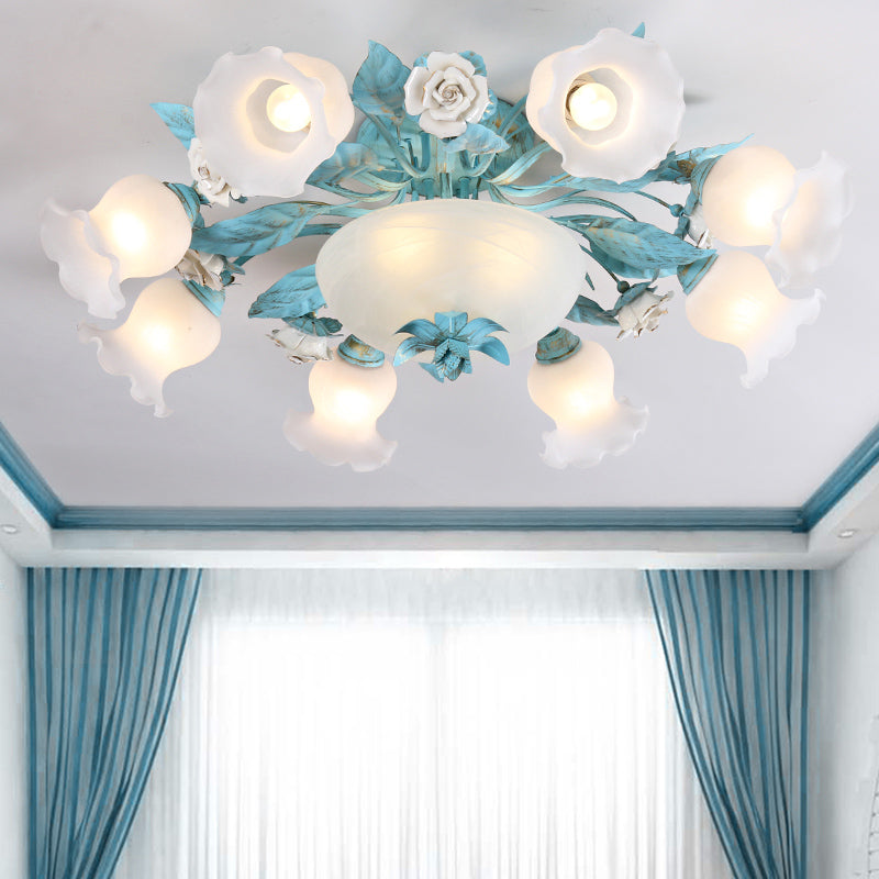 Starburst Milk Glass Semi-Flush Mount Korean Flower 5/7/11 Lights Living Room Flush Light Fixture Clearhalo 'Ceiling Lights' 'Close To Ceiling Lights' 'Close to ceiling' 'Semi-flushmount' Lighting' 729221