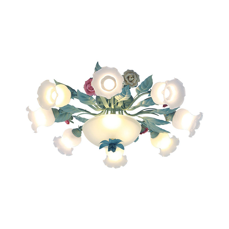 Starburst Milk Glass Semi-Flush Mount Korean Flower 5/7/11 Lights Living Room Flush Light Fixture Clearhalo 'Ceiling Lights' 'Close To Ceiling Lights' 'Close to ceiling' 'Semi-flushmount' Lighting' 729222