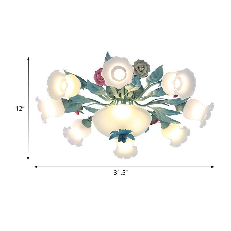 Starburst Milk Glass Semi-Flush Mount Korean Flower 5/7/11 Lights Living Room Flush Light Fixture Clearhalo 'Ceiling Lights' 'Close To Ceiling Lights' 'Close to ceiling' 'Semi-flushmount' Lighting' 729223