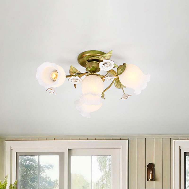 Twisted Living Room Flush Light Pastoral Frosted Glass 4/7/9-Bulb Green Semi Flush Mount Lighting Clearhalo 'Ceiling Lights' 'Close To Ceiling Lights' 'Close to ceiling' 'Semi-flushmount' Lighting' 729250