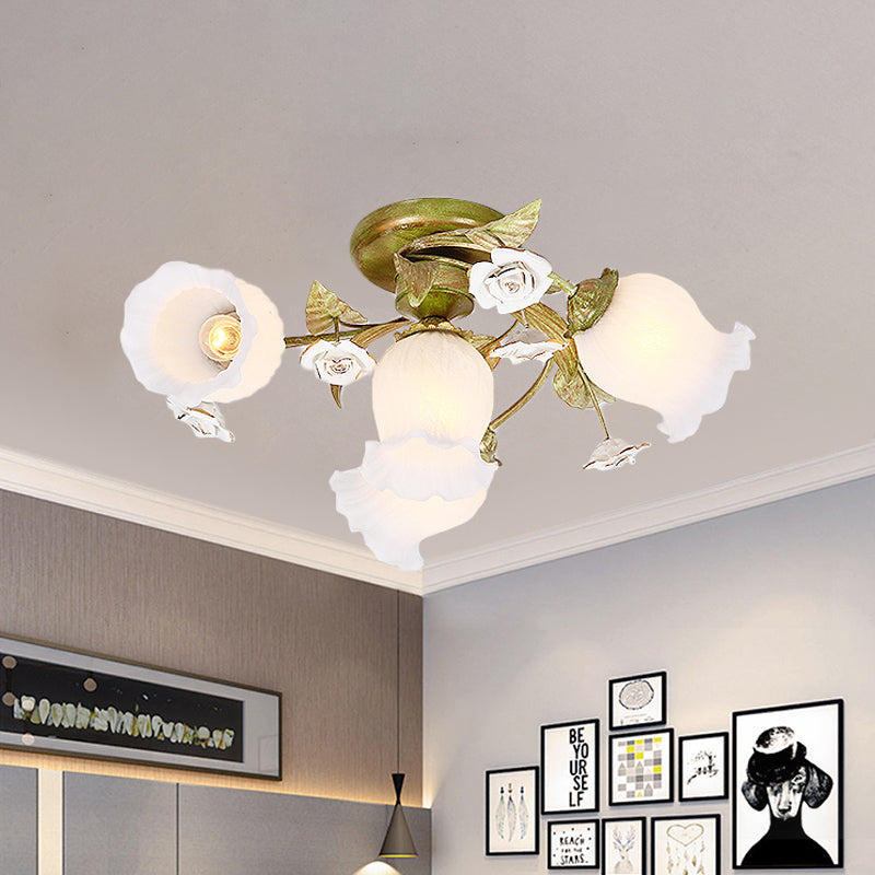 Twisted Living Room Flush Light Pastoral Frosted Glass 4/7/9-Bulb Green Semi Flush Mount Lighting Clearhalo 'Ceiling Lights' 'Close To Ceiling Lights' 'Close to ceiling' 'Semi-flushmount' Lighting' 729251