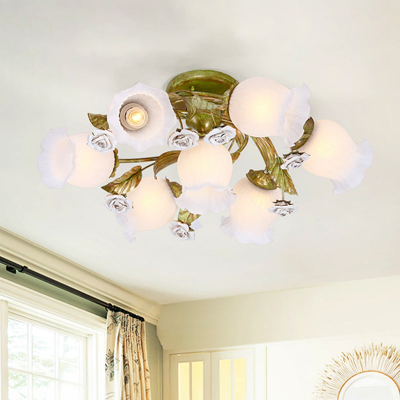 Twisted Living Room Flush Light Pastoral Frosted Glass 4/7/9-Bulb Green Semi Flush Mount Lighting 7 Green Clearhalo 'Ceiling Lights' 'Close To Ceiling Lights' 'Close to ceiling' 'Semi-flushmount' Lighting' 729254
