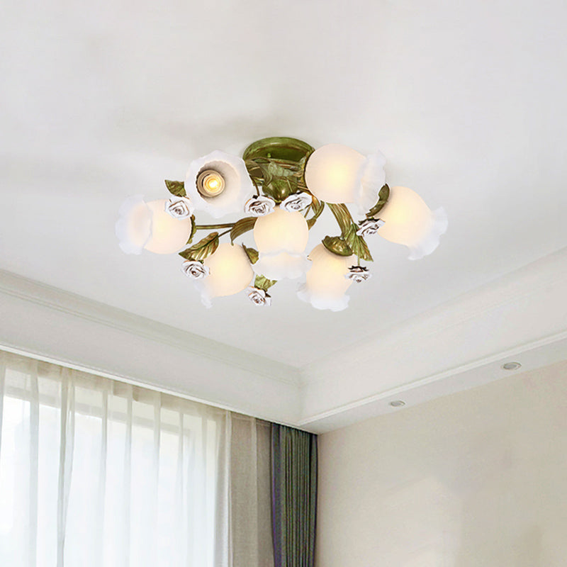 Twisted Living Room Flush Light Pastoral Frosted Glass 4/7/9-Bulb Green Semi Flush Mount Lighting Clearhalo 'Ceiling Lights' 'Close To Ceiling Lights' 'Close to ceiling' 'Semi-flushmount' Lighting' 729255