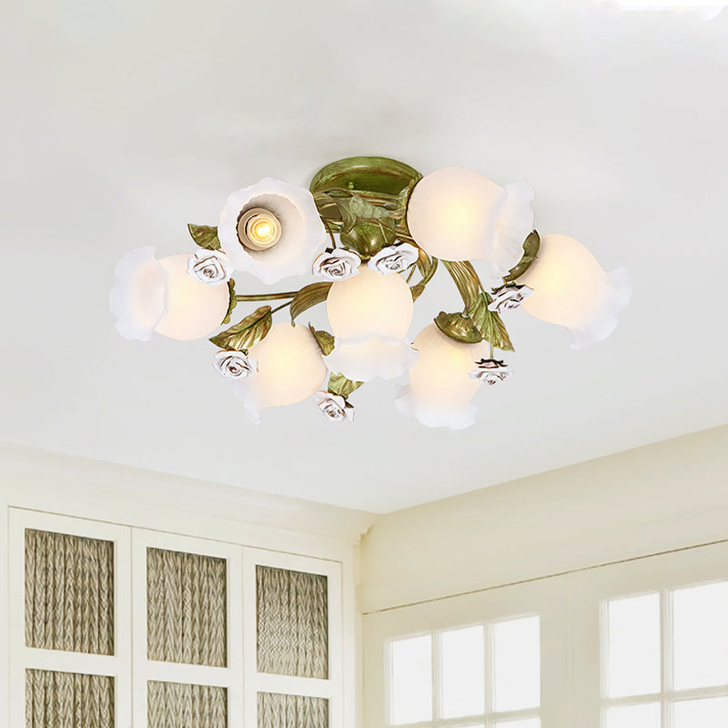 Twisted Living Room Flush Light Pastoral Frosted Glass 4/7/9-Bulb Green Semi Flush Mount Lighting Clearhalo 'Ceiling Lights' 'Close To Ceiling Lights' 'Close to ceiling' 'Semi-flushmount' Lighting' 729256