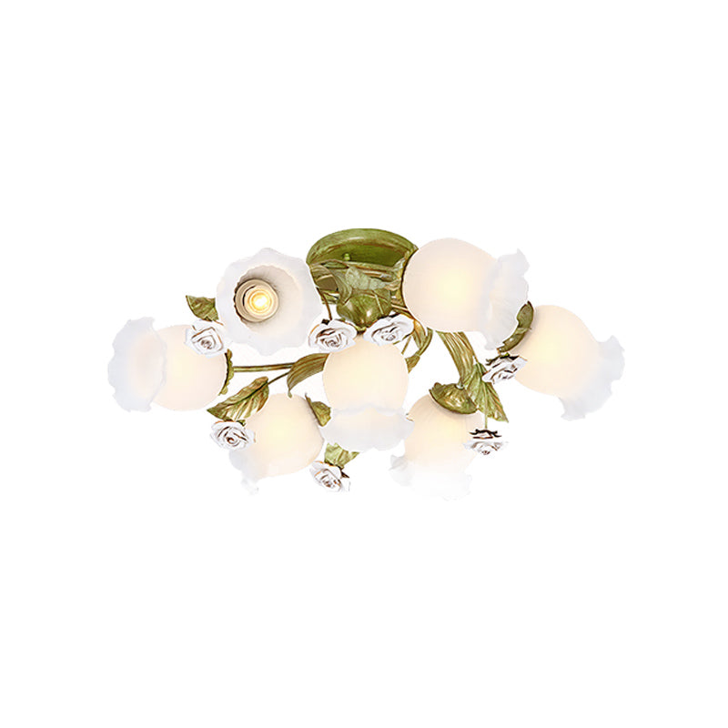 Twisted Living Room Flush Light Pastoral Frosted Glass 4/7/9-Bulb Green Semi Flush Mount Lighting Clearhalo 'Ceiling Lights' 'Close To Ceiling Lights' 'Close to ceiling' 'Semi-flushmount' Lighting' 729257