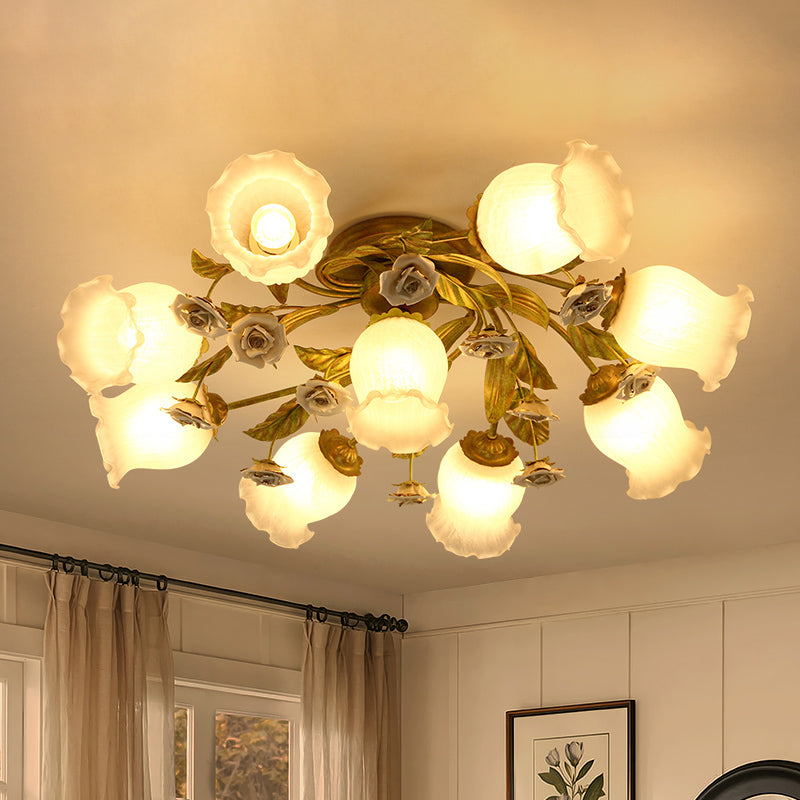 Twisted Living Room Flush Light Pastoral Frosted Glass 4/7/9-Bulb Green Semi Flush Mount Lighting 9 Green Clearhalo 'Ceiling Lights' 'Close To Ceiling Lights' 'Close to ceiling' 'Semi-flushmount' Lighting' 729259