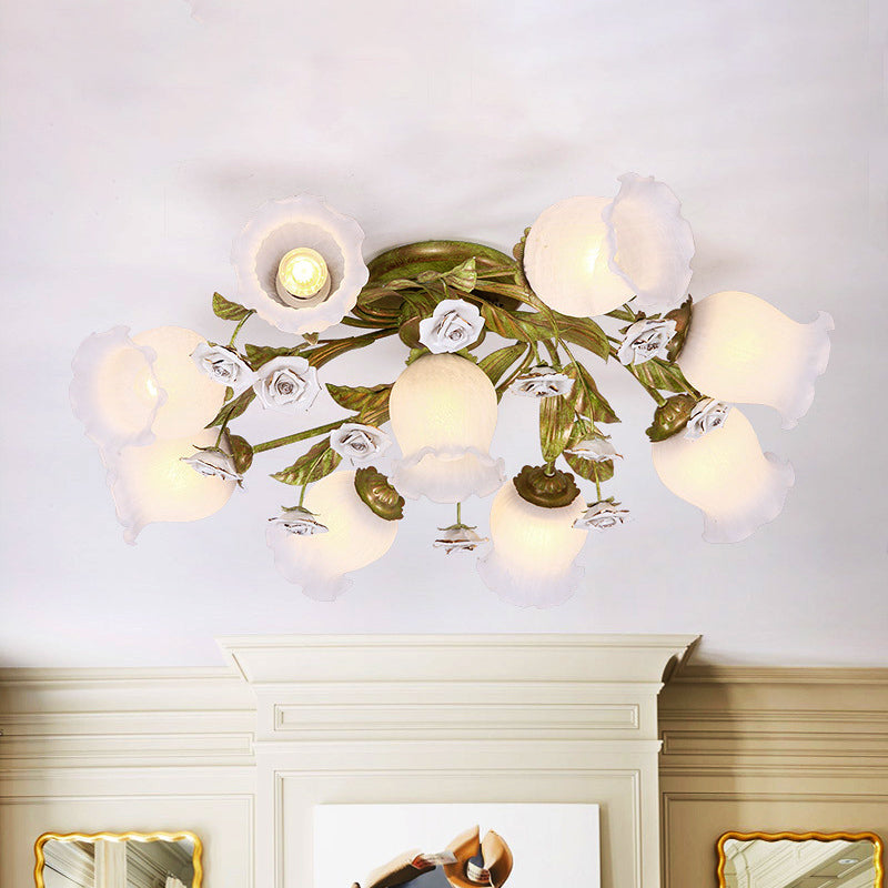 Twisted Living Room Flush Light Pastoral Frosted Glass 4/7/9-Bulb Green Semi Flush Mount Lighting Clearhalo 'Ceiling Lights' 'Close To Ceiling Lights' 'Close to ceiling' 'Semi-flushmount' Lighting' 729261
