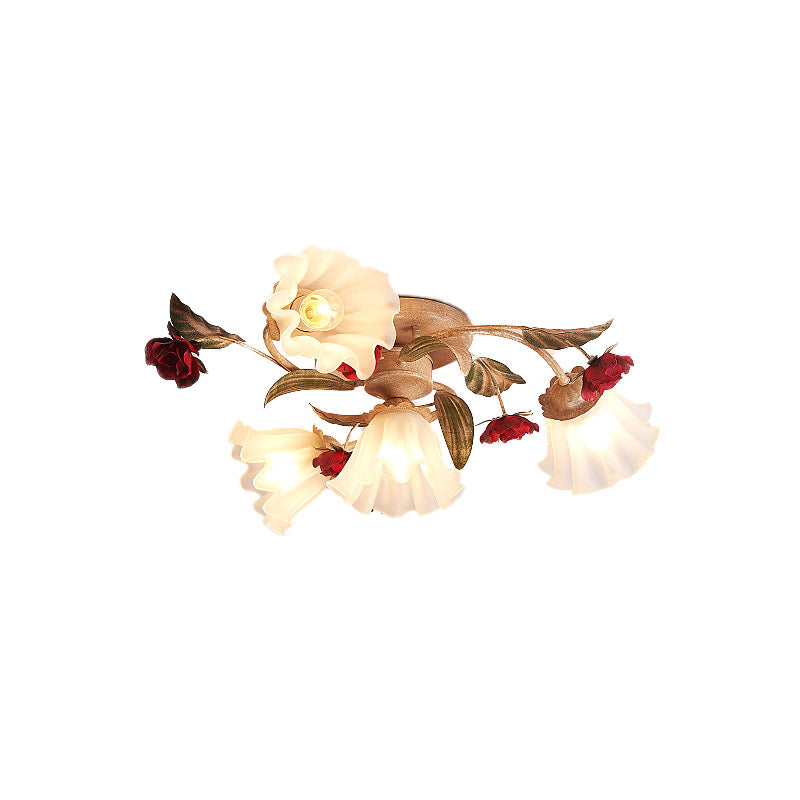 Brown 4/7/9-Bulb Semi Flush Mount Pastoral Frosted Glass Starburst Flush Ceiling Light with Red Flower Clearhalo 'Ceiling Lights' 'Close To Ceiling Lights' 'Close to ceiling' 'Semi-flushmount' Lighting' 729267