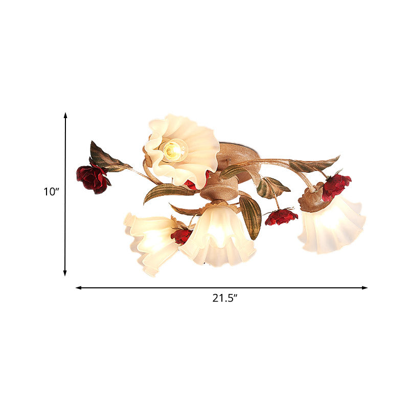 Brown 4/7/9-Bulb Semi Flush Mount Pastoral Frosted Glass Starburst Flush Ceiling Light with Red Flower Clearhalo 'Ceiling Lights' 'Close To Ceiling Lights' 'Close to ceiling' 'Semi-flushmount' Lighting' 729268