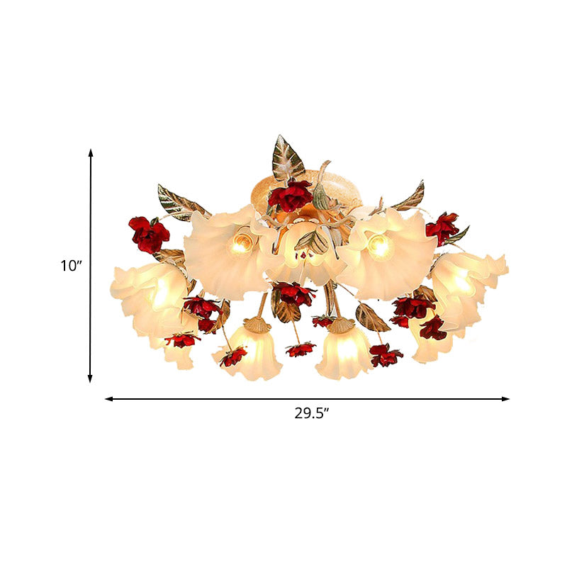 Brown 4/7/9-Bulb Semi Flush Mount Pastoral Frosted Glass Starburst Flush Ceiling Light with Red Flower Clearhalo 'Ceiling Lights' 'Close To Ceiling Lights' 'Close to ceiling' 'Semi-flushmount' Lighting' 729278