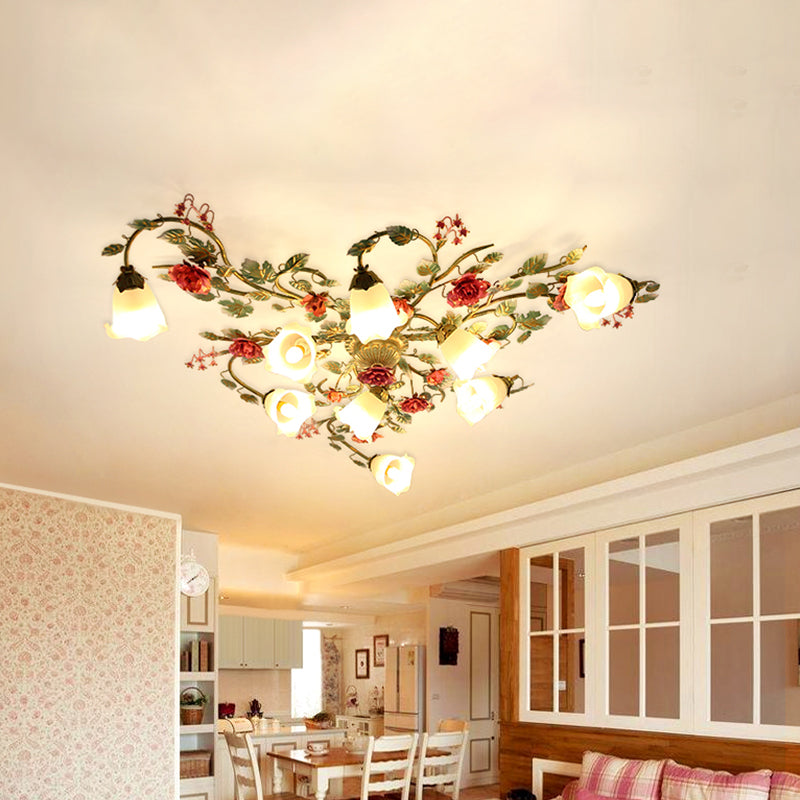 Opal Glass Sputnik Ceiling Lamp Korean Garden 9 Lights Living Room Semi Flush Mount in Blue and Green Clearhalo 'Ceiling Lights' 'Close To Ceiling Lights' 'Close to ceiling' 'Semi-flushmount' Lighting' 729335